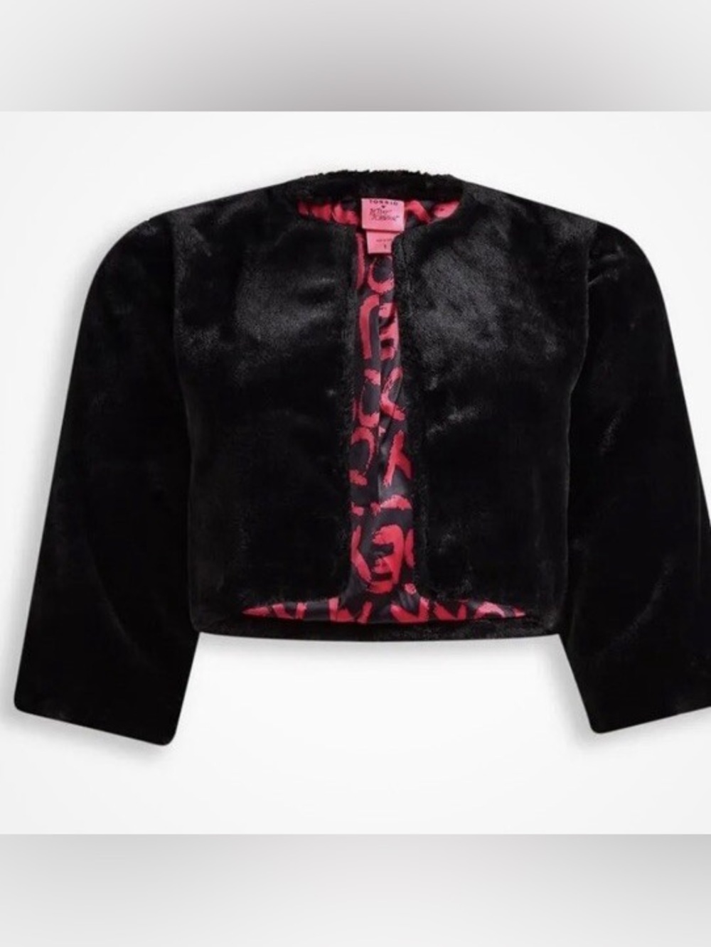 Betsey Johnson x Torrid Collab Black and Pink Faux Fur Cropped Jacket, Size 3x